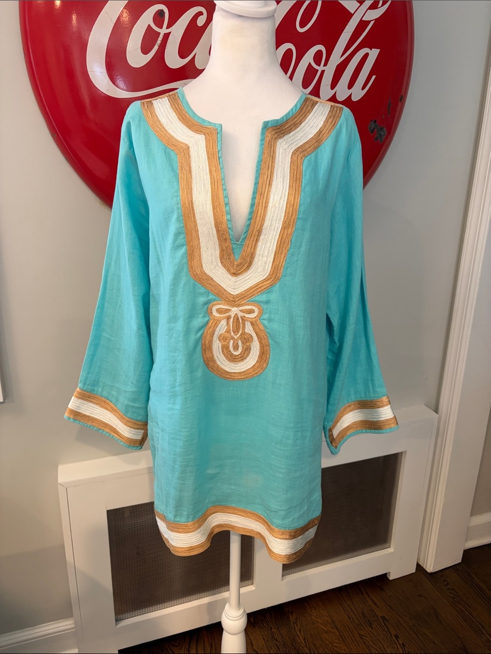 Barbara Gerwit 100% Linen Embroidered Tunic Coverup Turquoise, Gold & White, L